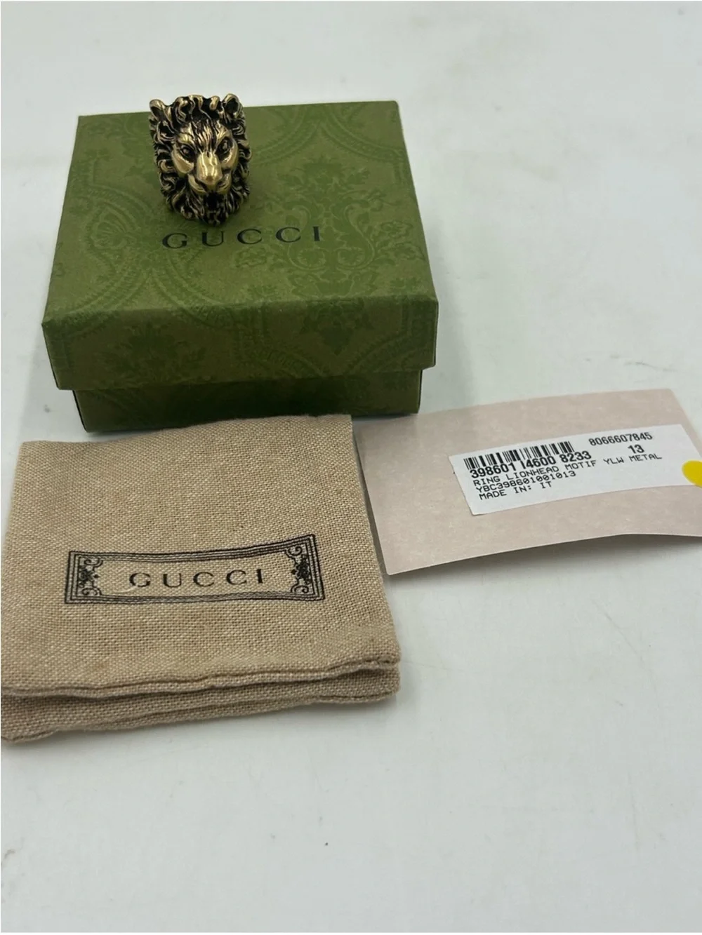 Unisex Gucci, iconic Lionhead ring, gold tone, brass finish size 6, made Italy